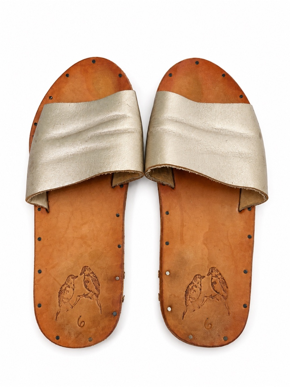 Beek Leather Slide Sandals Metallic Champagne Silver Handmade Mexico W Size 6
